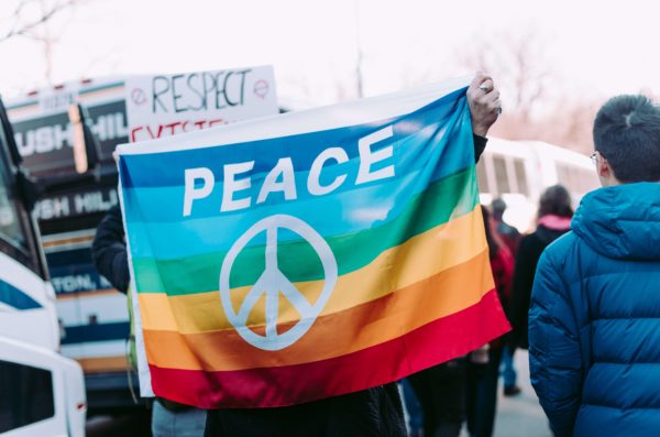 A person holds up a rainbow flag with the peace sign and the words PEACE on it. The flag covers their entire body, including their face.