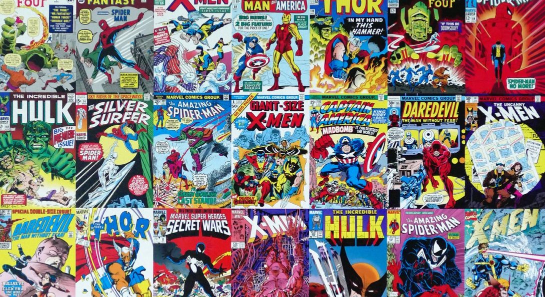 Covers of comic books stacked in rows.
