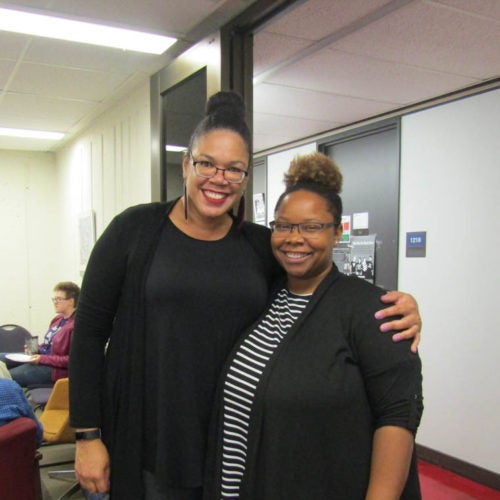 Deana Lewis and Kishonna Graw standing together at a welcome back to GWS event.