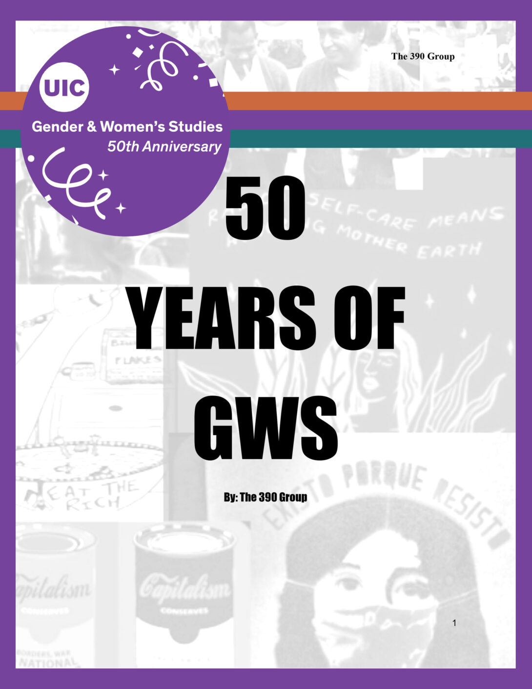 50 Years of GWS zine cover image: Depicts a black and white collage of images set against a purple background and a purple GWS logo. There is a stripe of orange, pine blue-green, and purple stretching across the entire image.