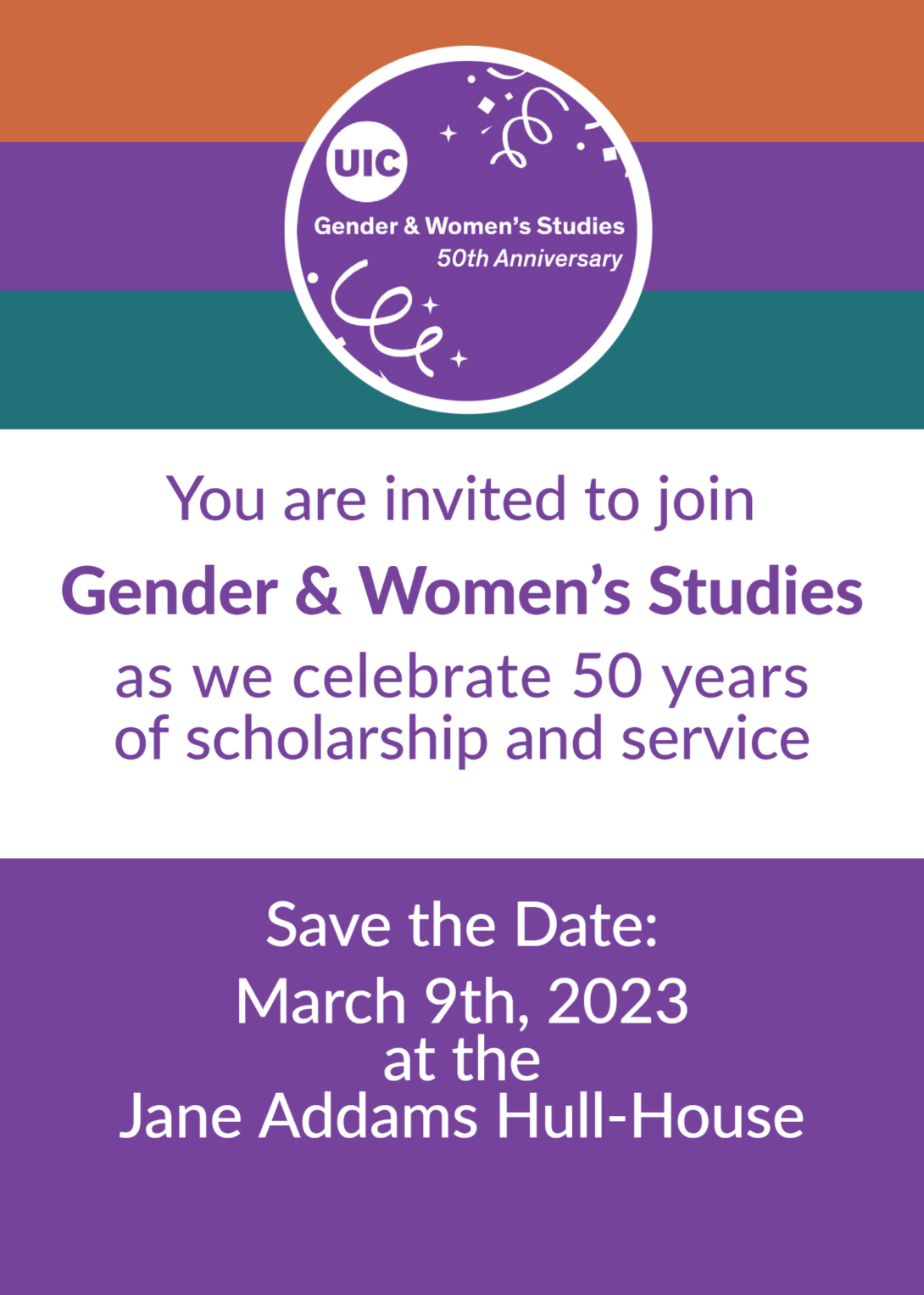 Colored bars of orange, purple, and pine green-blue surround the Gender & Women's Studies logo. Text reads 