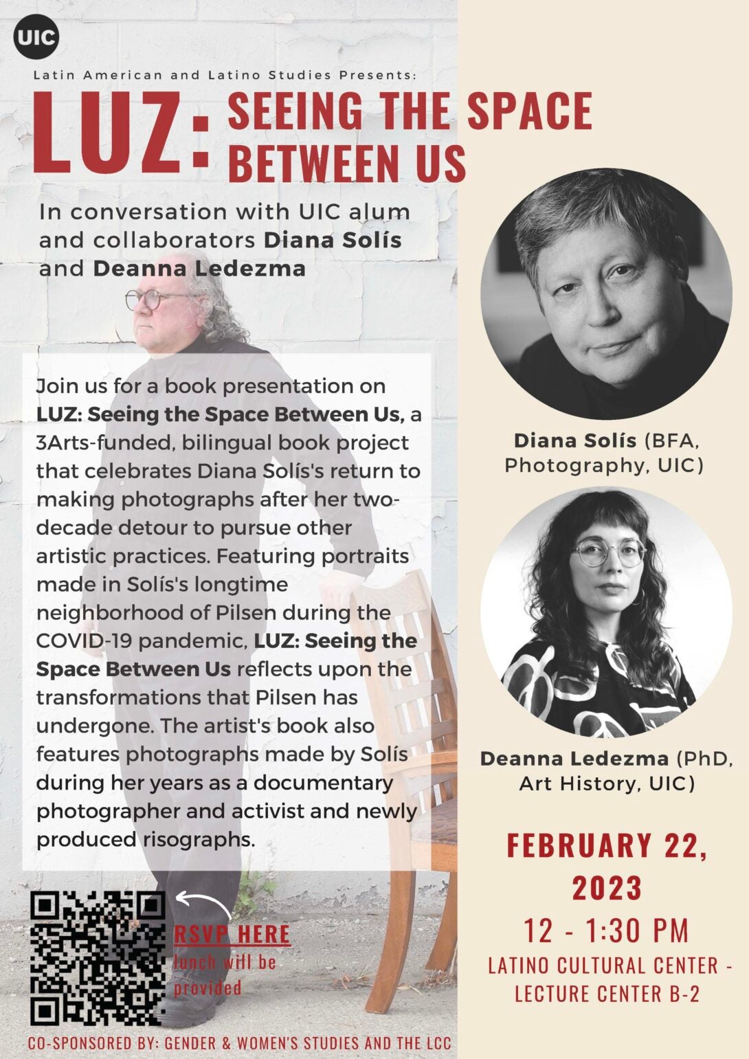 Beige poster with deep red text featuring black-and-white photos of presenters Diana Solis and Deanna Ledezma.