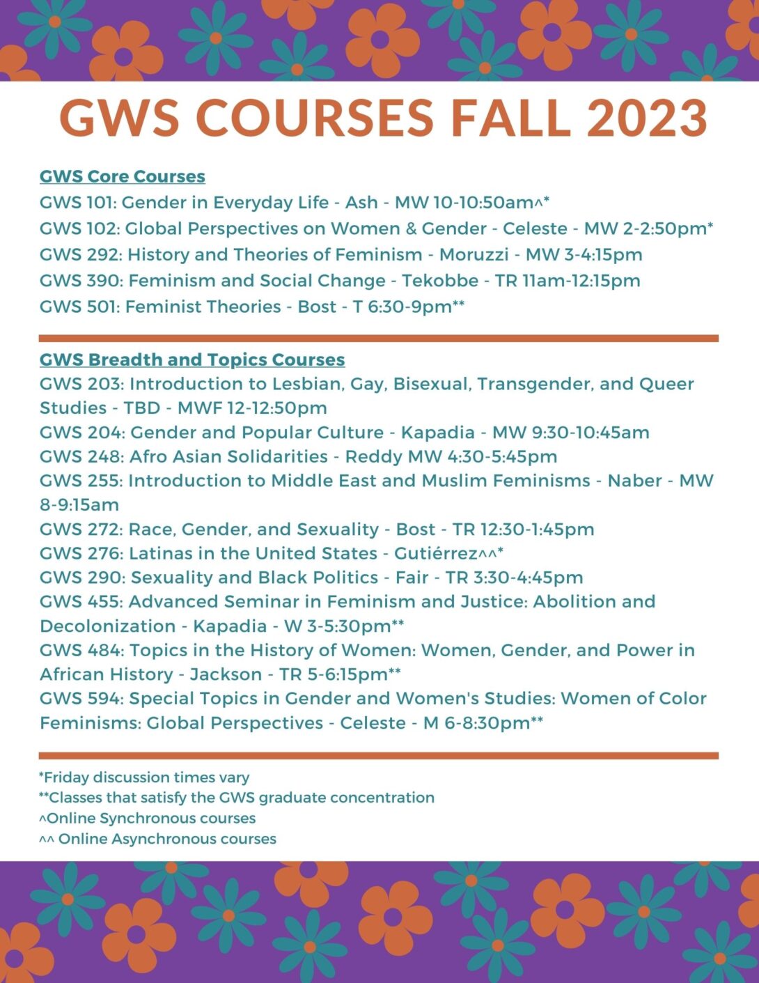 Small teal, orange, and purple flowers form a border at the top and bottom of the flier. GWS courses are listed in orange and teal text.