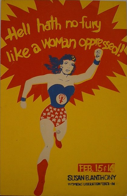 Poster with a yellow background and Wonder Woman in the center, raising her fist. A red comic style speaking bubble above Wonder Woman states 