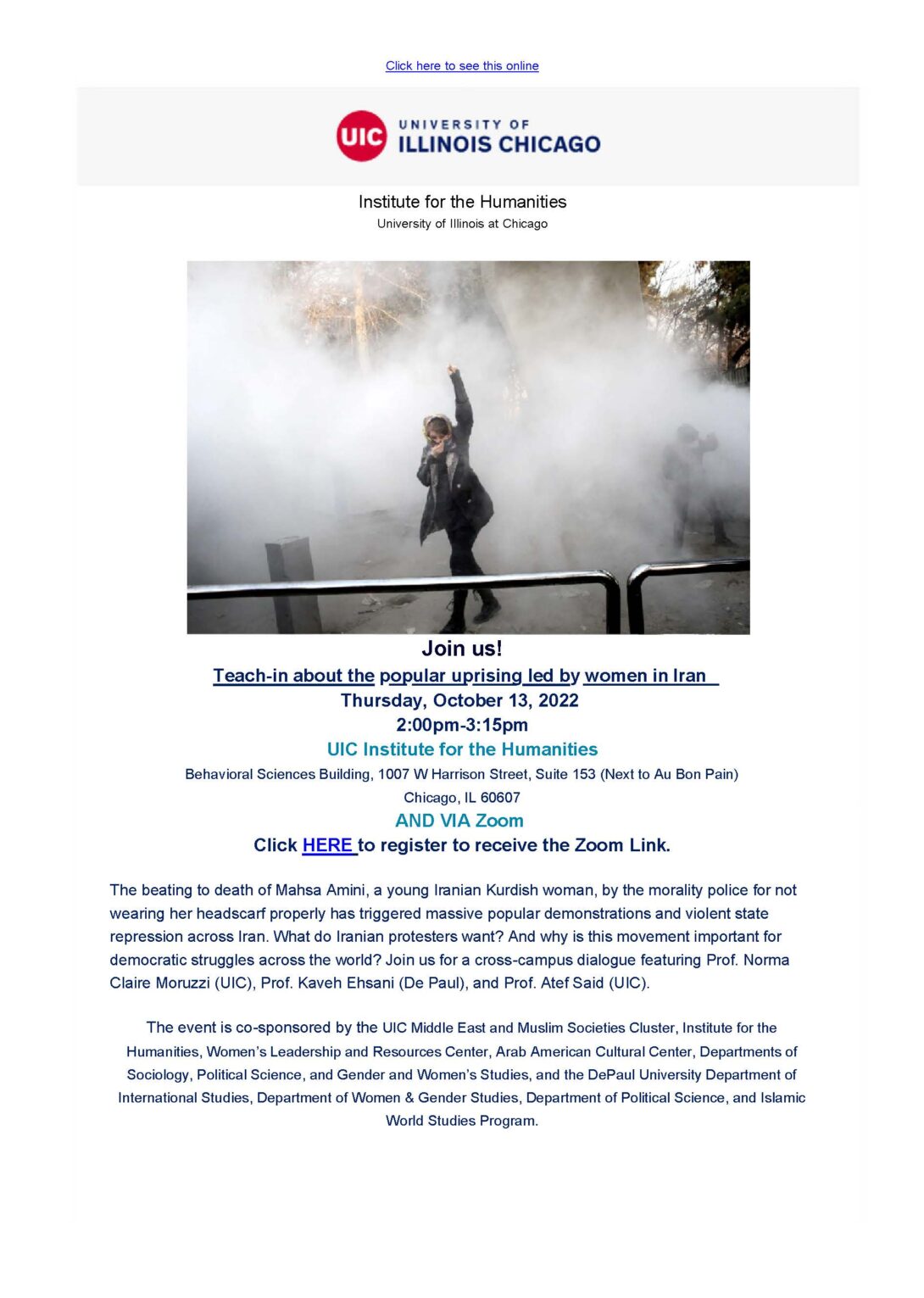 White event flier with a photograph in the center showing a woman in the midst of tear gas raising her fist and covering her mouth with a scarf. Blue text provides the event title, description, time, location, and registration details.