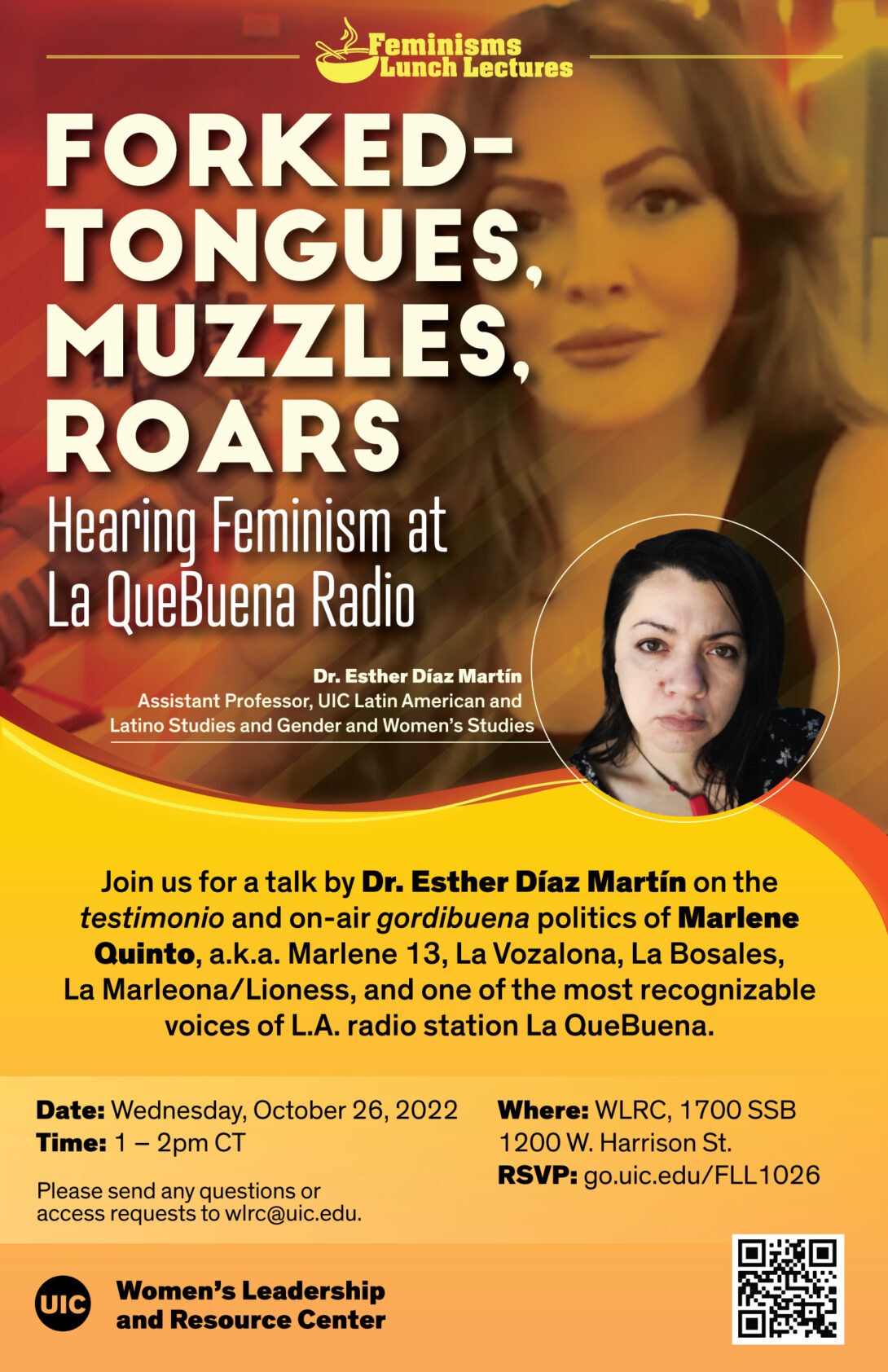 Marlene Quinto looking toward the camera, with a smaller photo of Dr. Esther Díaz Martín below it. At the top is the event title. On a yellow background below the photos is text describing the event (the same text that appears on this page).