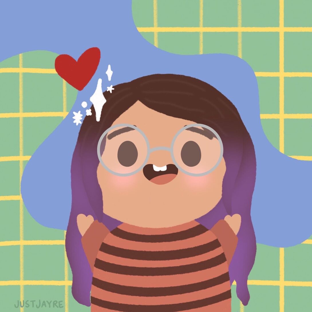 A cartoon drawing of a person with long ombre purple and black hair and glasses, reaching up toward a heart. A map and blue water is behind them.