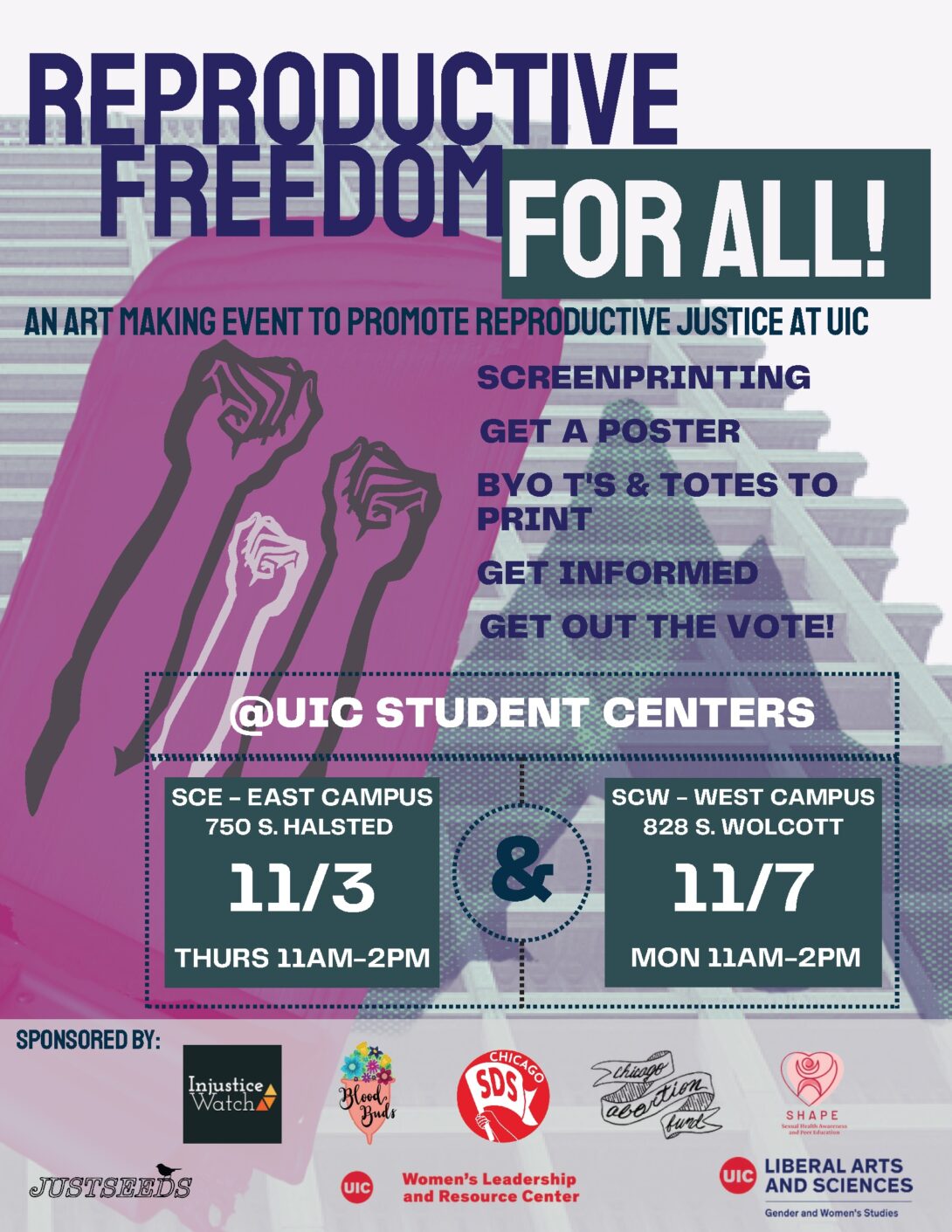 Promotional flyer: The outline of 3 raised fists on a purple background. Dark purple and white text describes the event (same info on this page). At the bottom are the sponsor logos. In the background of the entire flyer is a faded image of UIC's University Hall.