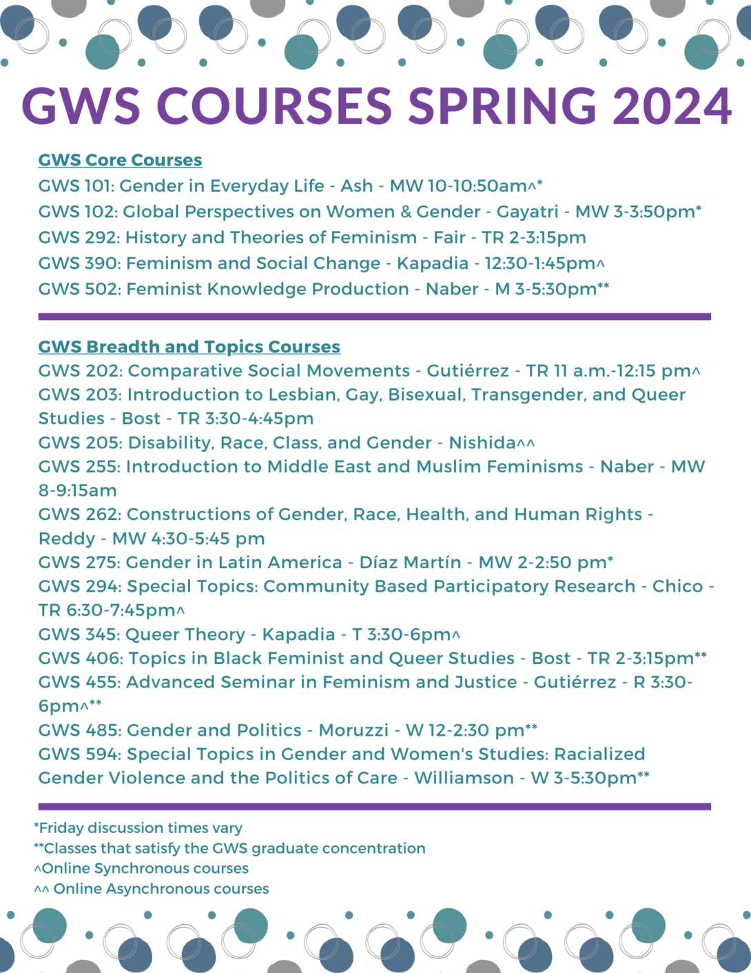 Small gray, blue, teal, and white circles form a border at the top and bottom of the flier. GWS courses are listed in purple and teal text.
