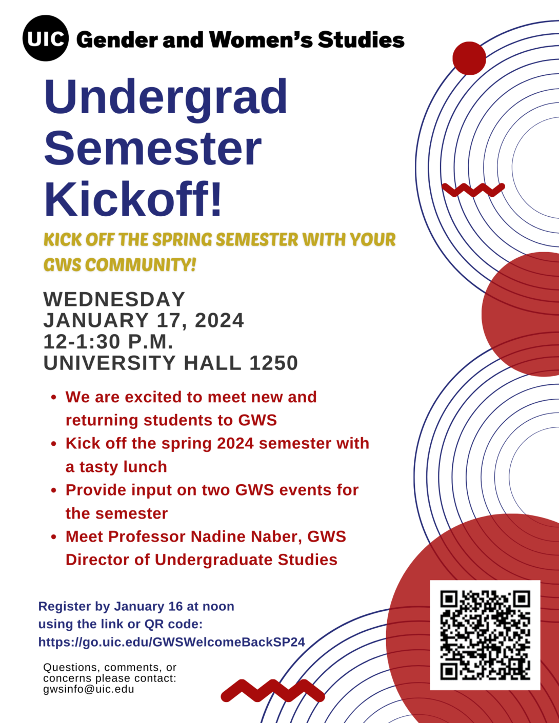 Event flyer with a white background. Blue concentric circles appear down the right side of the flyer and in the bottom right corner. Solid red circles and squiggly red designs of varying sizes are interspersed with the blue circles. In the bottom right corner is a black and white QR code for registration. The event details appears on the flyer in blue, yellow, black, and red text.