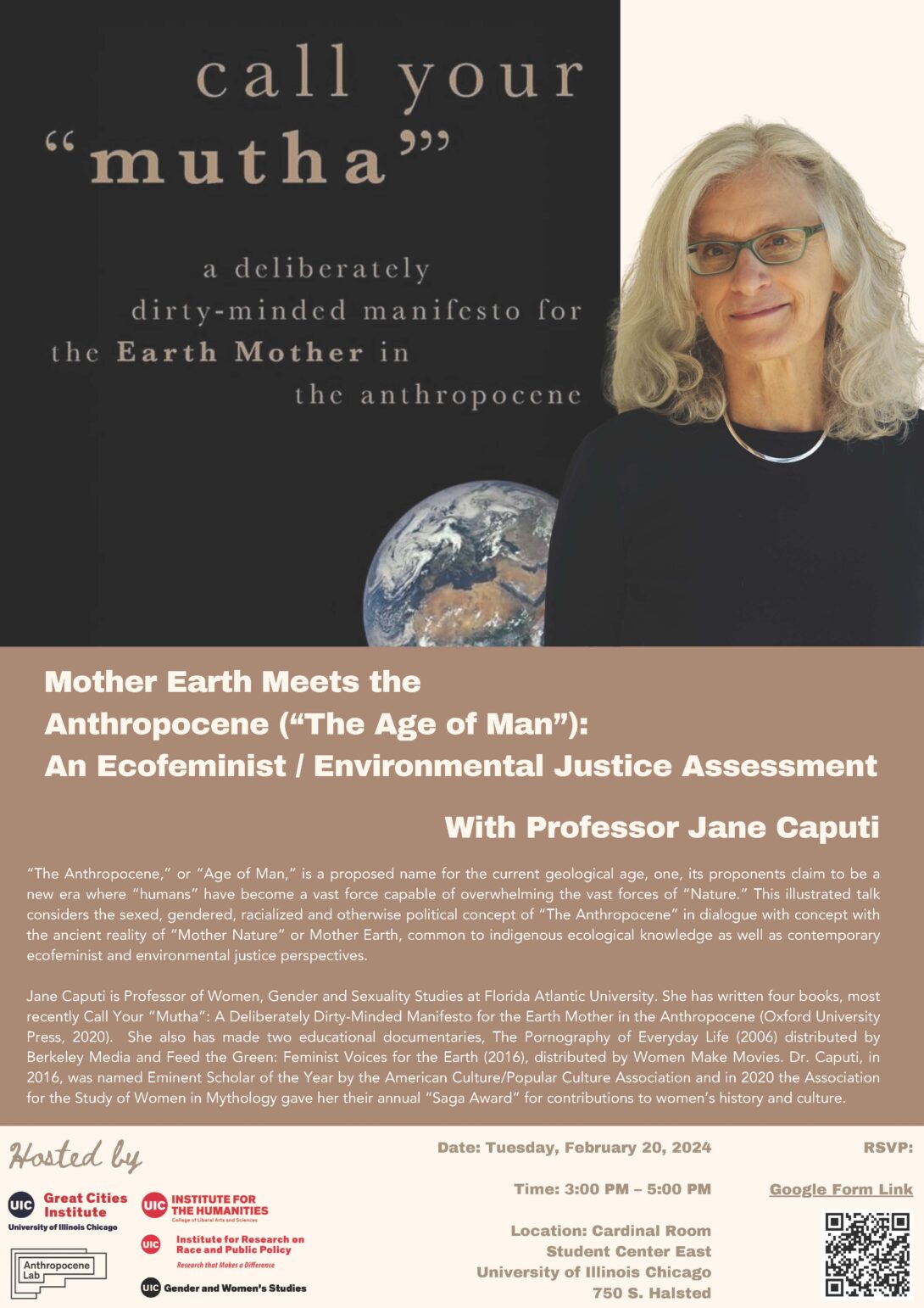 Event flyer with a photo of Professor Jane Caputi on the upper right half. The upper left half is a black background with the event title in tan font and a photo of planet earth. The middle section of the flyer has a tan background with information about the talk and Professor Caputi in a lighter font. The bottom portion of the flyer is a cream background, with event date, time, location in black font, logos of event co-sponors, a QR code to register, and a link to register..