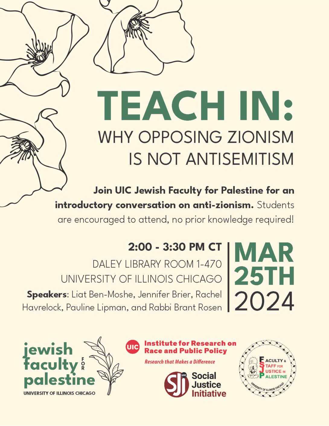 Event flyer with a cream colored background. Black outlined drawings of flowers appear in the top left corner. In In green and black text, the event title, description, date, location, and speakers are listed. Along the bottom of the flyer are logos for the event sponors.