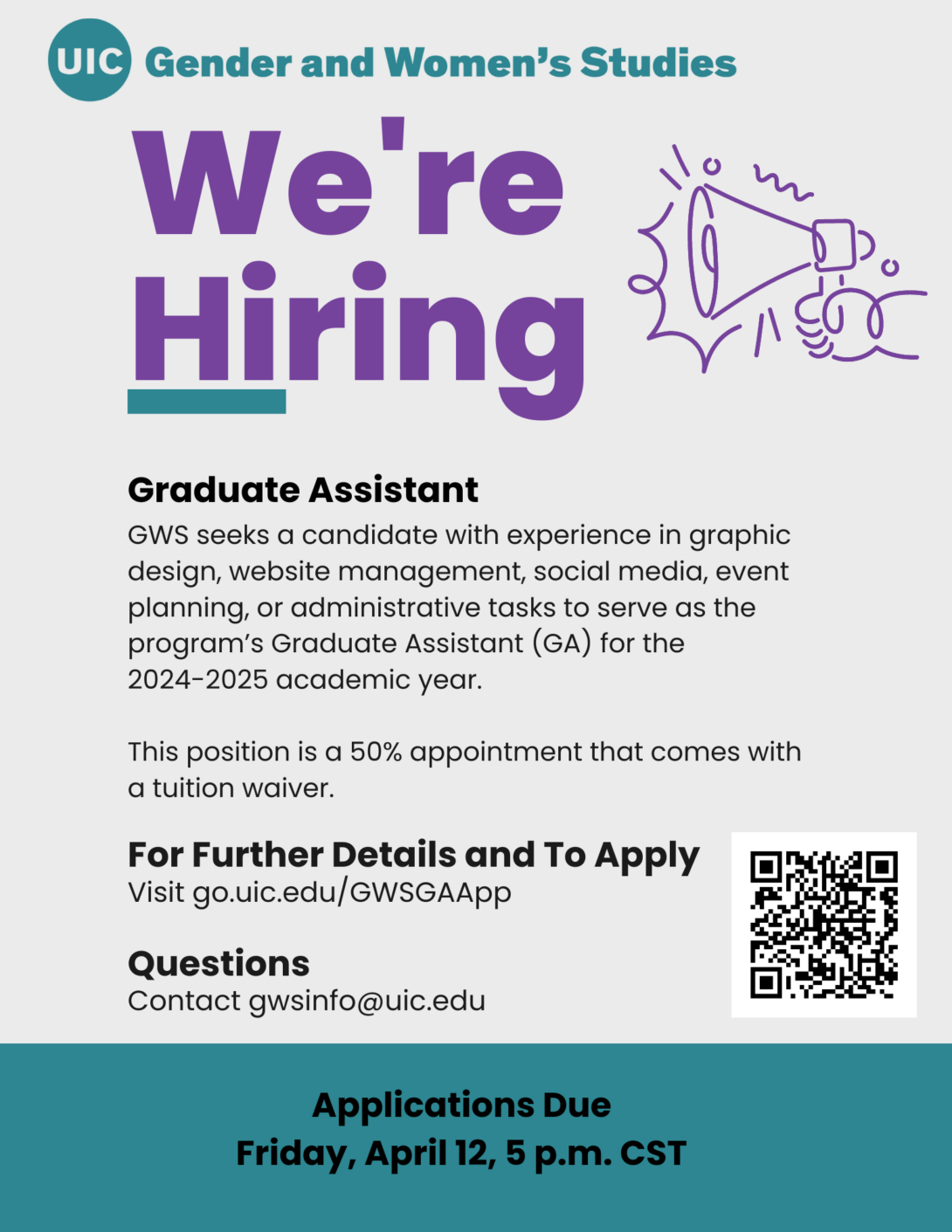 A light gray flyer with a teal border at the bottom announces GWS's hiring of a Graduate Assistant in purple and black text. The GWS logo appears in teal across the top of the flyer. A drawing of a hand holding a megaphone in purple appears in the top right, next to big bold purple text that states We're Hiring.