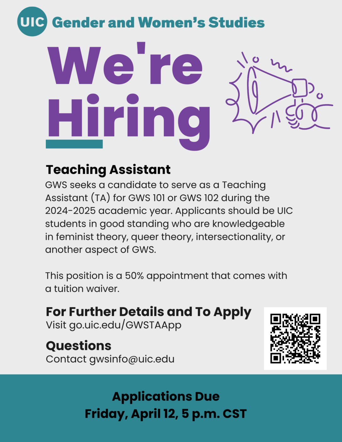 A light gray flyer with a teal border at the bottom announces GWS's hiring of Teaching Assistants in purple and black text. The GWS logo appears in teal across the top of the flyer. A drawing of a hand holding a megaphone in purple appears in the top right, next to big bold purple text that states We're Hiring.