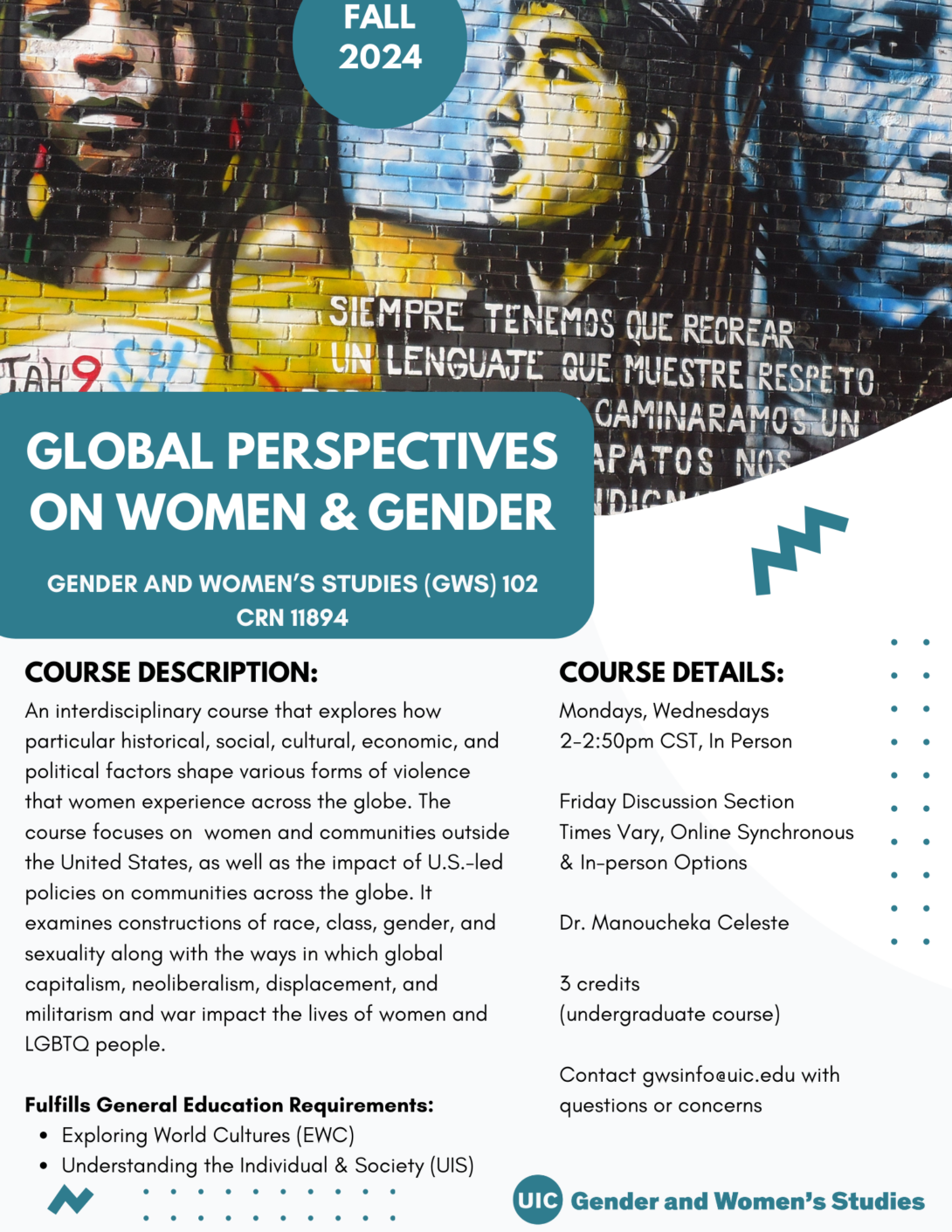 A flyer promoting the fall 2024 Global Perspectives on Women and Gender course. The top portion of the flyer includes a photo of a painted mural on a brick wall that features three women and a quote in Spanish. In the top middle is a teal circle with Fall 2024 inside it in white text. The bottom left portion of the photo is covered with a teal block that includes the course title in white text. Below that is the course description and course details in black text on a white background. A teal GWS logo appears in the bottom right of the flyer. Parallel lines of teal dots and teal geometric designs decorate the page.