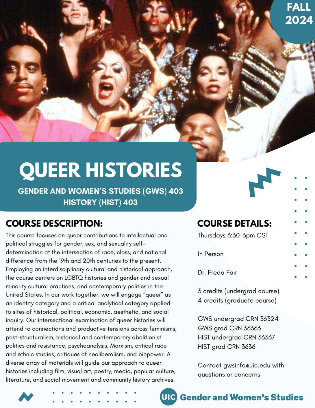 A flyer promoting the fall 2024 Queer Histories course. The top portion of the flyer includes a photo of a group of ball competition contestants from the 1991 documentary 