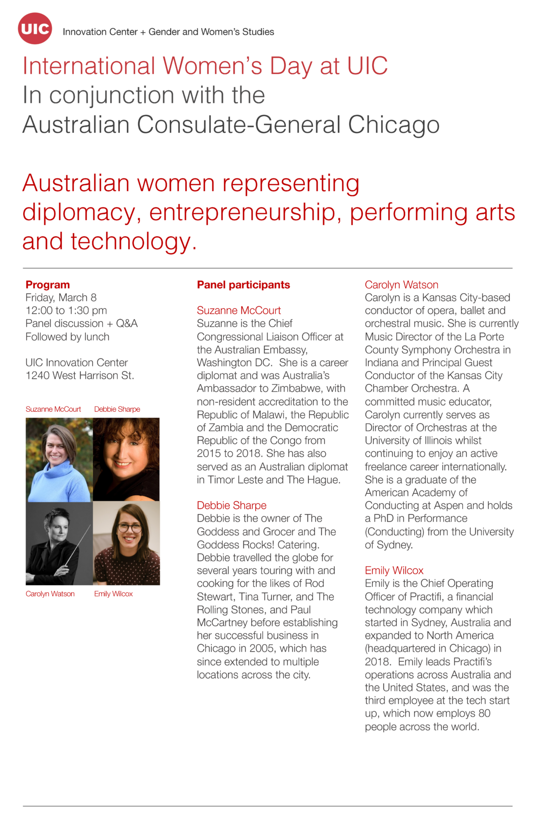Event flyer on white background. Event title, date and location, and speaker bios are listed in red and black font. Halfway down the left side of the page is are four square images of each panelist, arranged in a square formation.