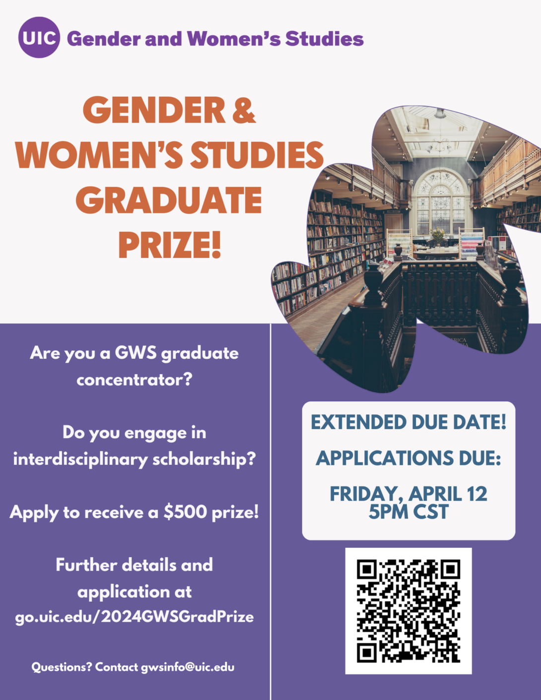 A flyer explaining the GWS Graduate Prize, application criteria, deadline, and application instructions, link, and QR code. The bottom half of the flyer has a purple background and white text. The top half of the flyer has a white background and teal text. On the right, top half of the flyer is an image of a library type room with a wooden staircase in the foreground, a large window in the background, and bookshelves filled with books lining the walls. The GWS logo in teal appears in the top left portion of the flyer.