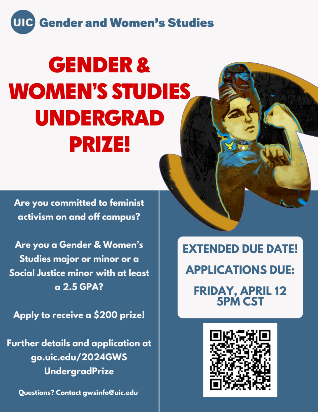 A flyer explaining the GWS Undergrad Prize, application criteria, deadline, and application instructions, link, and QR code. The bottom half of the flyer has a purple background and white text. The top half of the flyer has a white background and teal text. On the right, top half of the flyer is an image of Rosie the Riveter in an asymmetrical cutout design. The GWS logo in teal appears in the top left portion of the flyer.