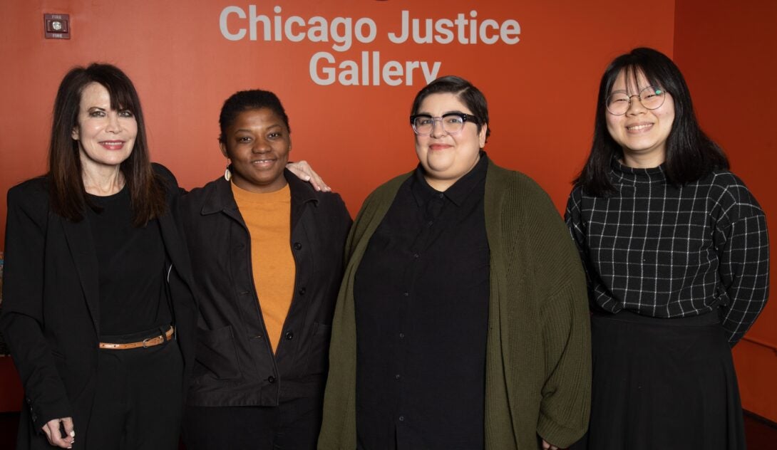 Film Director Lizzie Borden, GWS Faculty Dr. Freda Fair, Graduate Student Liliana Macias and Undergraduate Student Baeyoung Yoo at the Chicago Justice Gallery for the 