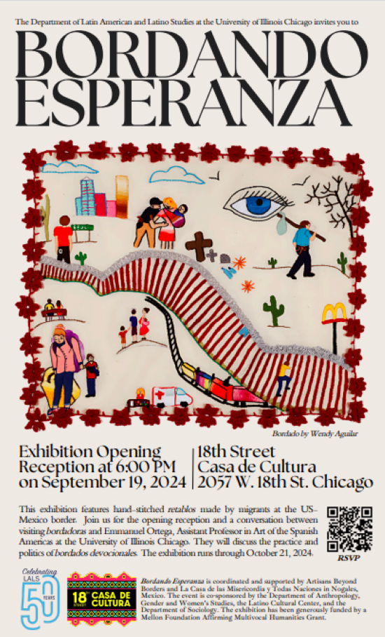 Bordando Esperanza event poster on light background includes all the description text, embroidered art by Wendy Aguilar, a QVR code, and two small logos.