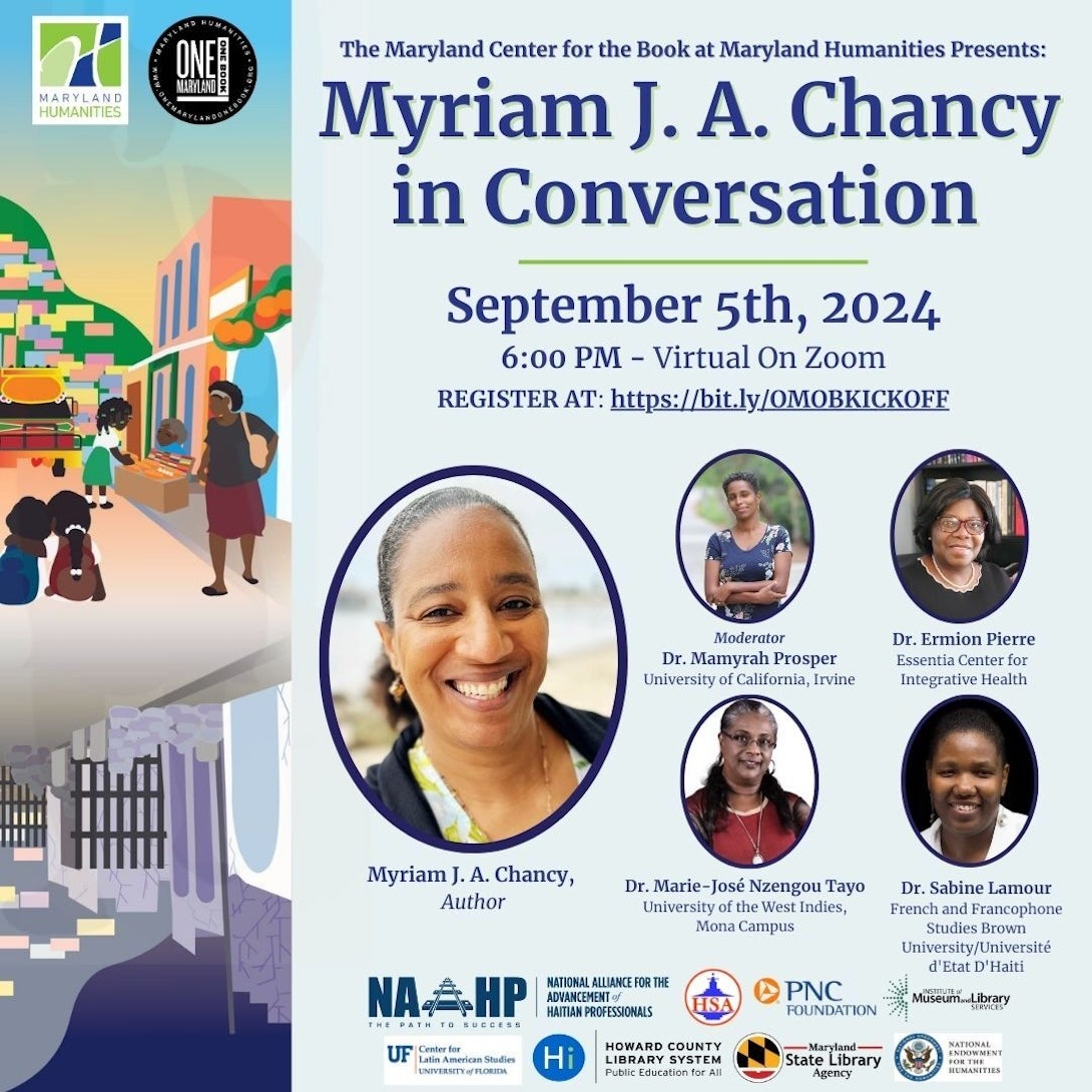 Event poster with larger image of the author accompanied by smaller ones of panelists on light blue background with clip art-like images on the left and several co-sponsor logos near bottom margin.