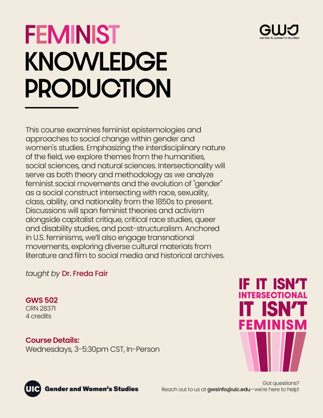 The image is a promotional flyer for a course on feminist knowledge production. The background is a light beige color. The top left section prominently displays the title 