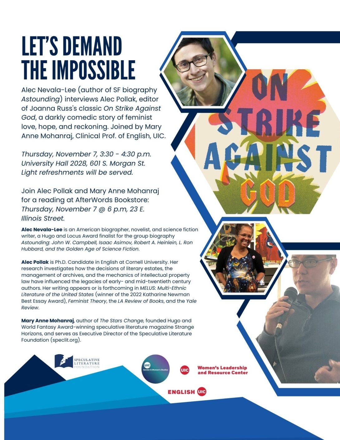 The image is a promotional flyer with a predominantly white background, featuring text and three hexagonal photos. The top left displays bold blue text reading 