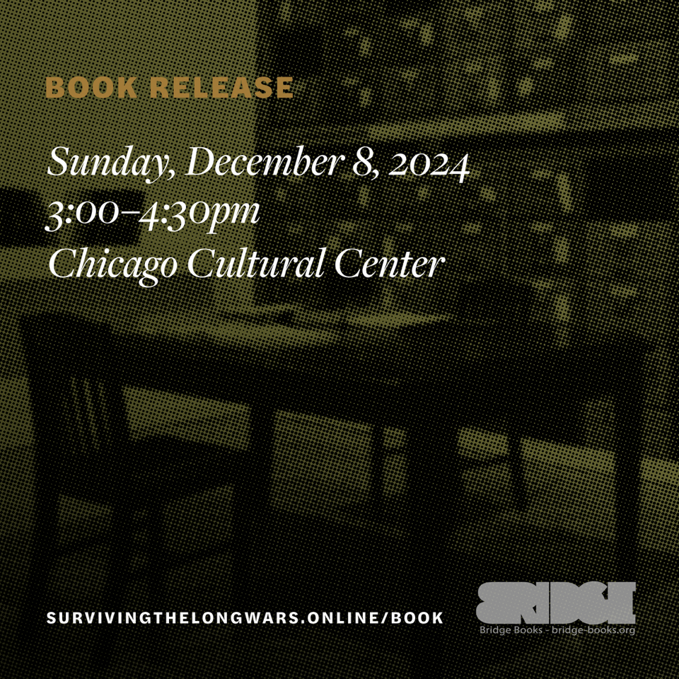 Text announcing a book release event on Sunday, December 8, 2024, from 3:00–4:30 pm at the Chicago Cultural Center. Includes a website link at the bottom.