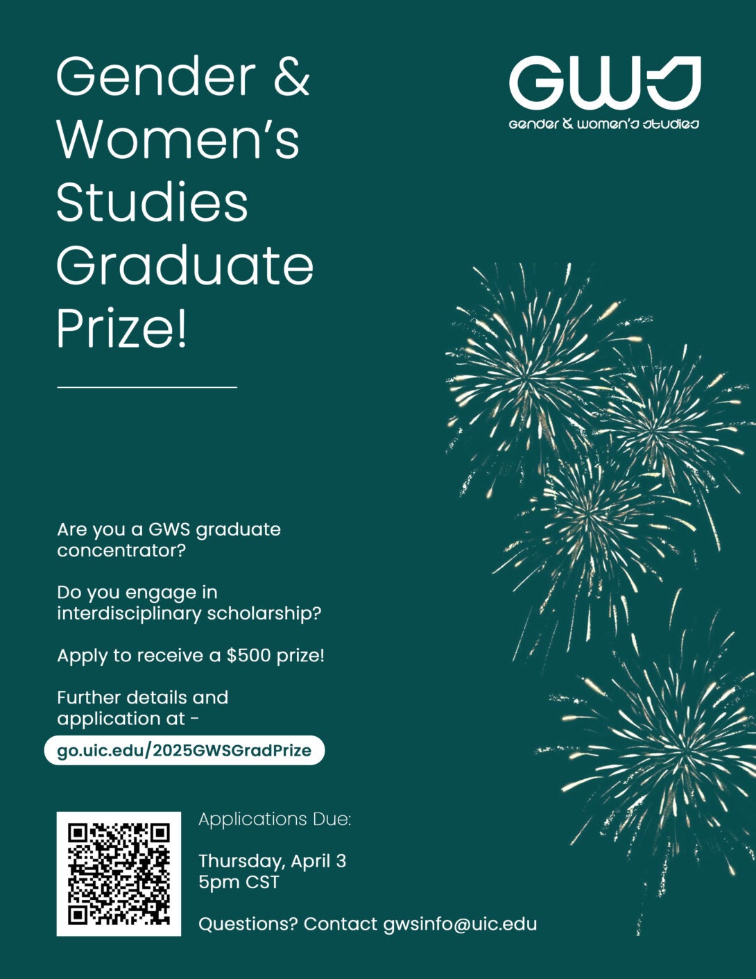 A flyer explaining the GWS Graduate Prize, application criteria, deadline, and application instructions, link, and QR code. The bottom half of the flyer has a purple background and white text. The top half of the flyer has a white background and teal text. On the right, top half of the flyer is an image of a library type room with a wooden staircase in the foreground, a large window in the background, and bookshelves filled with books lining the walls. The GWS logo in teal appears in the top left portion of the flyer.