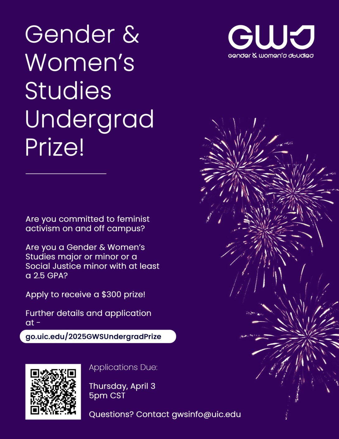 A flyer explaining the GWS Undergrad Prize, application criteria, deadline, and application instructions, link, and QR code. The bottom half of the flyer has a purple background and white text. The top half of the flyer has a white background and teal text. On the right, top half of the flyer is an image of Rosie the Riveter in an asymmetrical cutout design. The GWS logo in teal appears in the top left portion of the flyer.